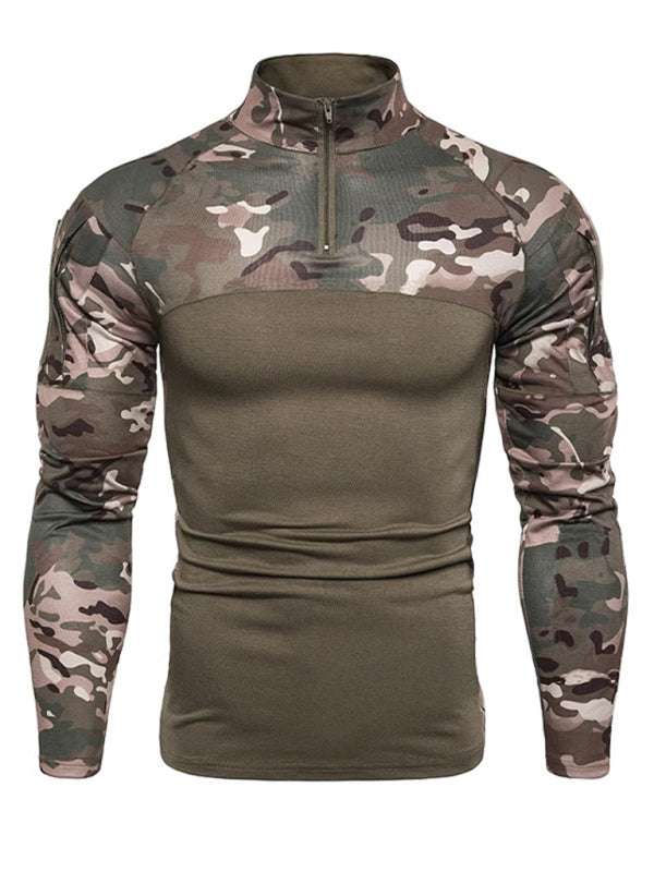 Men's military field outdoor elastic fitness camouflage long sleeve zipper pocket t-shirt.