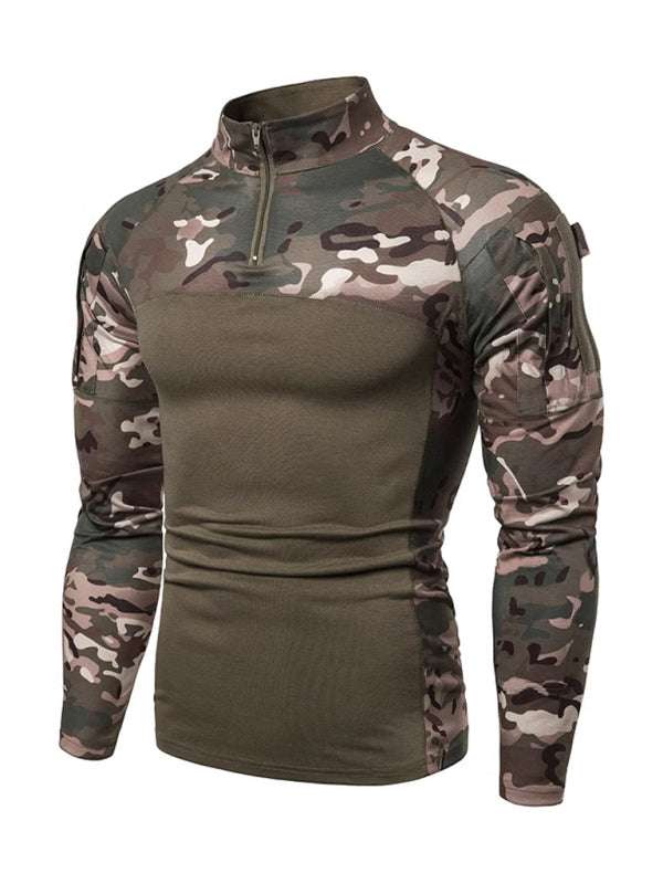 Men's Camouflage Long Sleeve Fitness T-Shirt with Zipper Pocket – Versatile Military-Style Performance Wear