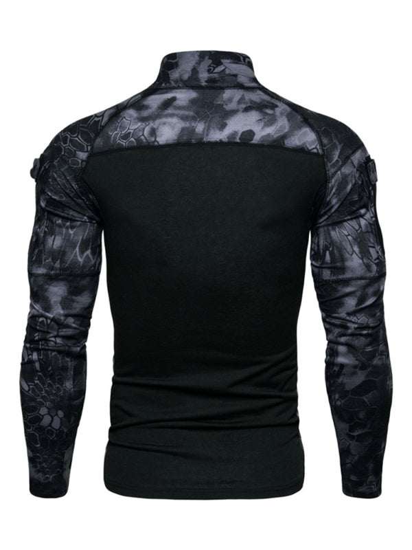 Men's Camouflage Long Sleeve Fitness T-Shirt with Zipper Pocket – Versatile Military-Style Performance Wear