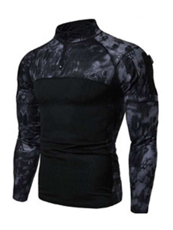 Men's Camouflage Long Sleeve Fitness T-Shirt with Zipper Pocket – Versatile Military-Style Performance Wear