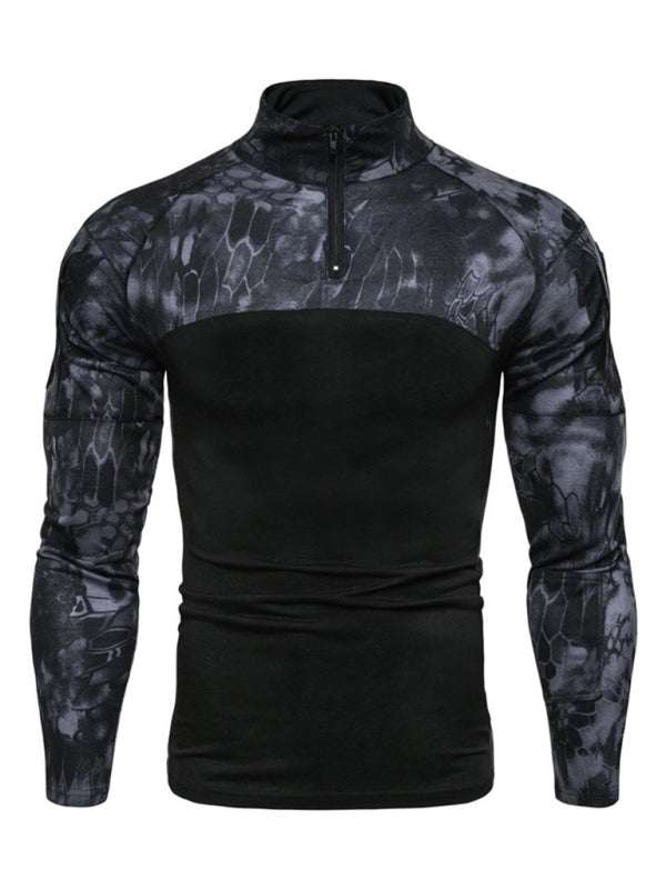 Men's Camouflage Long Sleeve Fitness T-Shirt with Zipper Pocket – Versatile Military-Style Performance Wear