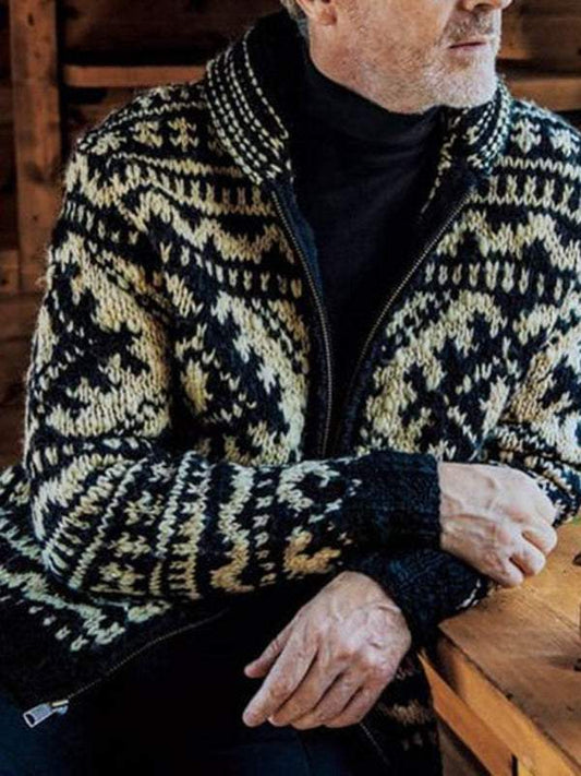 Men's jacquard knit jacket with lapel and long sleeves, autumn-winter sweater.