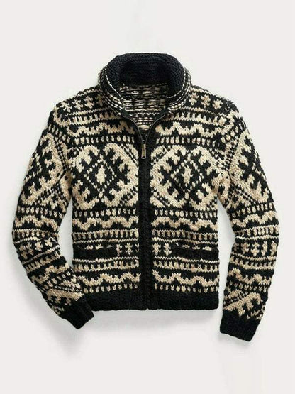 Stylish Men's Jacquard Knit Lapel Jacket - Perfect for Autumn-Winter Comfort