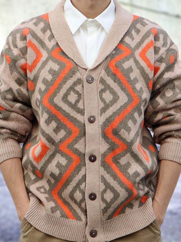 Men's retro jacquard cardigan sweater with geometric pattern, autumn-winter knit.