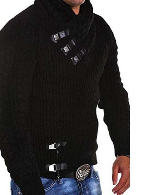 Stylish Men's Long Sleeve Pullover Sweater with Leather Button Accents for a Chic Autumn-Winter Look