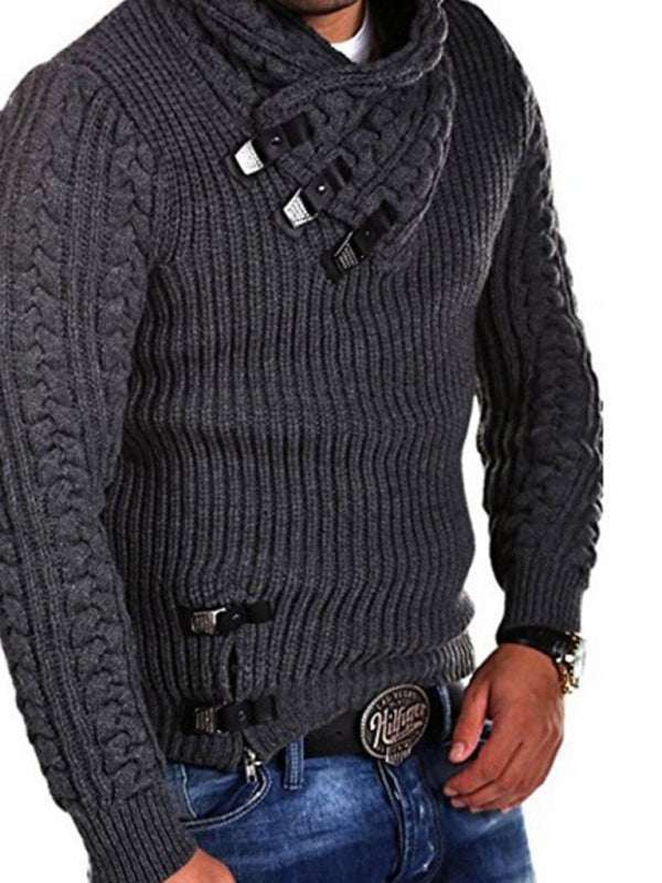 Stylish Men's Long Sleeve Pullover Sweater with Leather Button Accents for a Chic Autumn-Winter Look