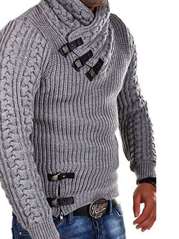 Men's gray knit sweater with leather buttons, long sleeves, and pullover design for autumn-winter.