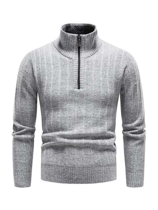 Men's gray stand collar zipper half cardigan sweater with a self-design pattern, suitable for spring-summer.