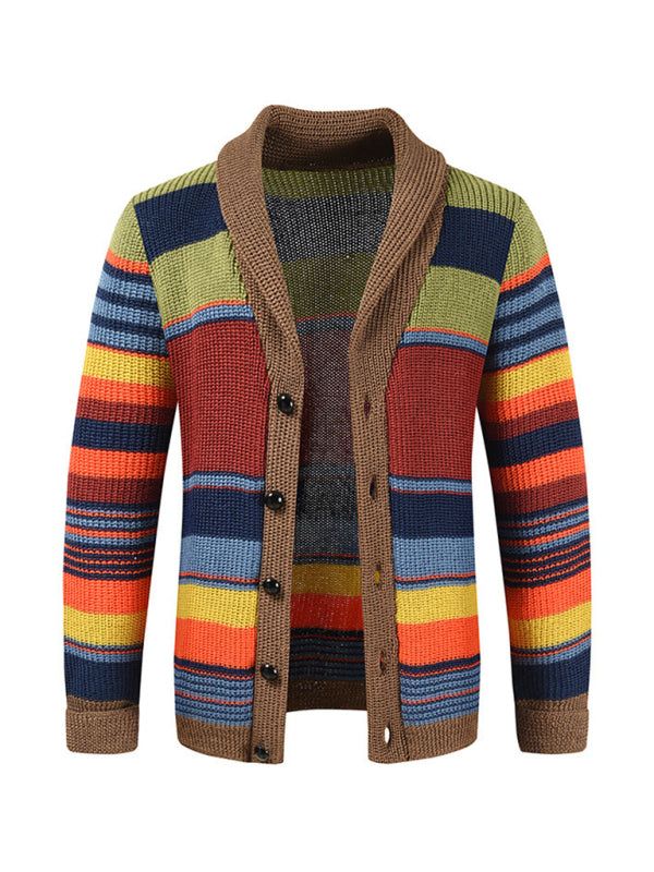 Men's button casual color striped knit cardigan with rainbow pattern.