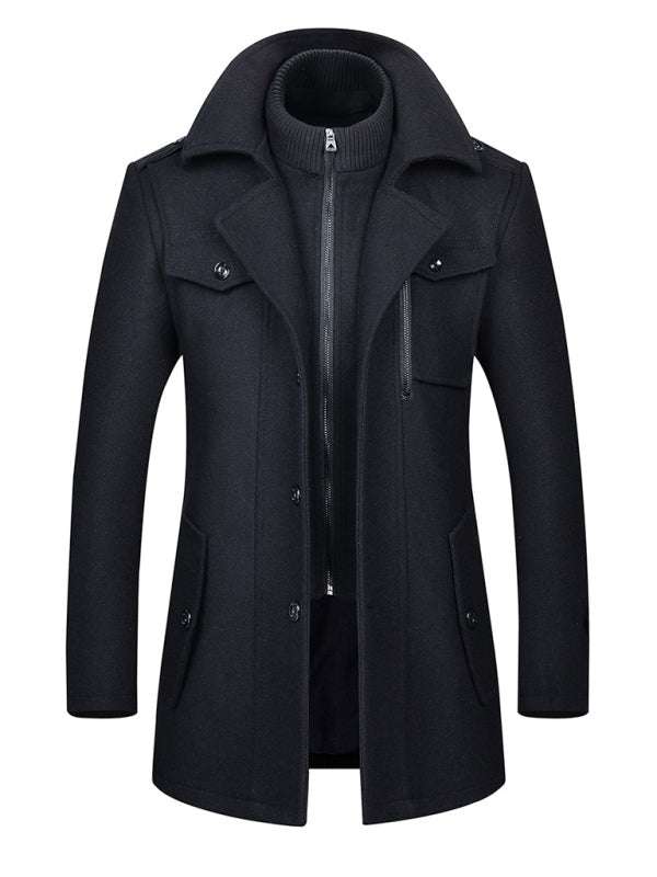 Men's wool zipper winter double collar coat with flap pockets, leisure style.