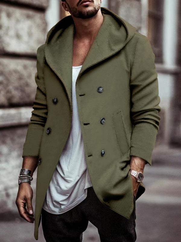 Men's mid-length hooded double-breasted casual trench coat in green, solid pattern, autumn-winter style.