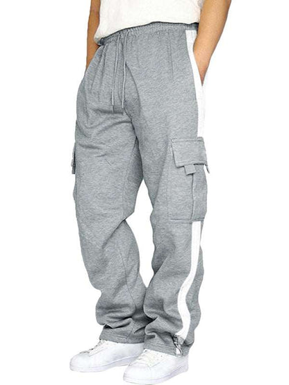 Men's grey velvet loose multi-pocket lanyard overalls with white stripe, ideal for autumn and winter.