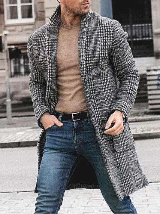 Men's houndstooth woolen mid-length coat, leisure style, suitable for autumn-winter.