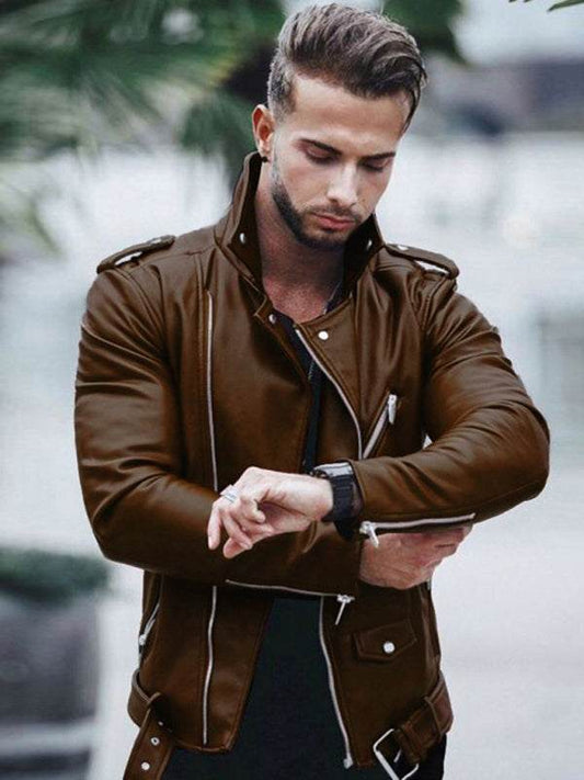 Men's stylish zipper leather biker jacket for autumn-winter season.