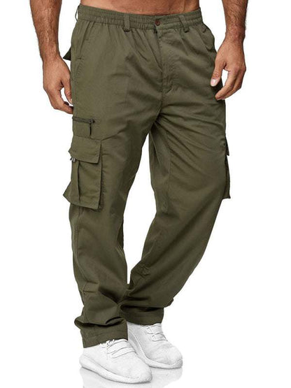 Men's green casual multi-pocket cargo pants, loose straight fit.