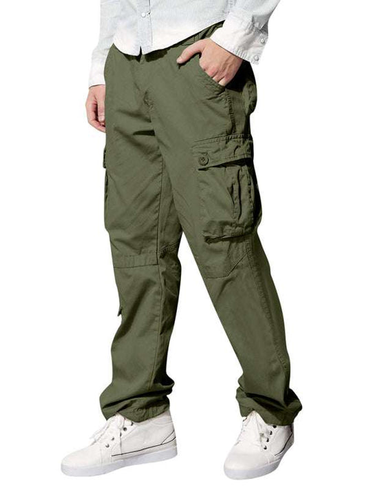 Men's multi-pocket loose casual straight cargo pants made of polyester and cotton, suitable for all seasons.