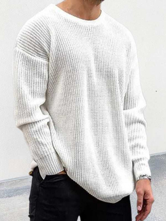 Men's solid color long sleeve round neck pullover sweater, knit, autumn-winter style.