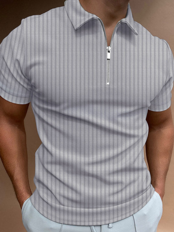 Modern Men's Striped Lapel Zipper Polo Shirt for Casual Style