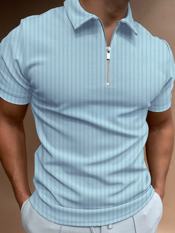 Modern Men's Striped Lapel Zipper Polo Shirt for Casual Style
