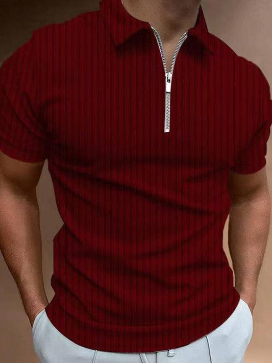 Men's striped red zipper short-sleeved polo shirt with lapel.