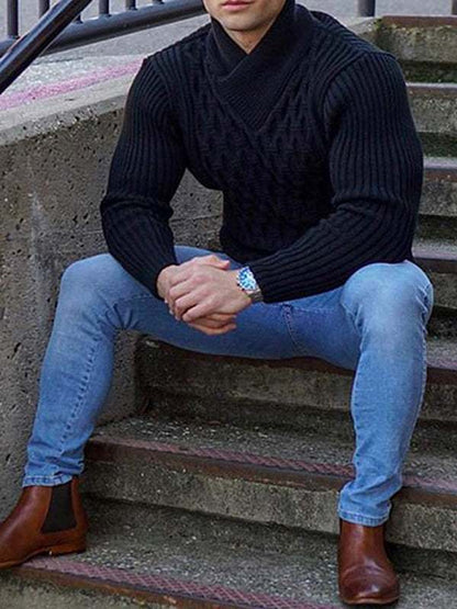 Cozy Cable Knit Shawl Collar Pullover Sweater for Men