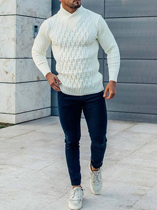 Men's fashion cable knit shawl collar sweater in white, ideal for autumn-winter wear.