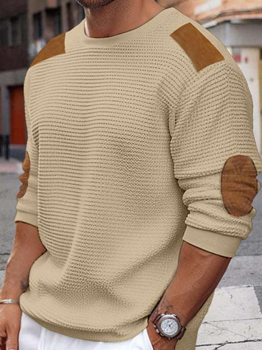 Men's patchwork textured sweater with dropped shoulder sleeves in beige, autumn-winter knit design.