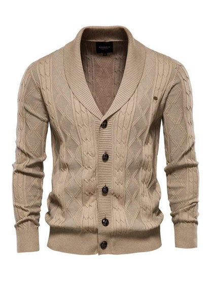 Men's fashion self-design knit cardigan, polyester material, button-up front, autumn-winter wear.