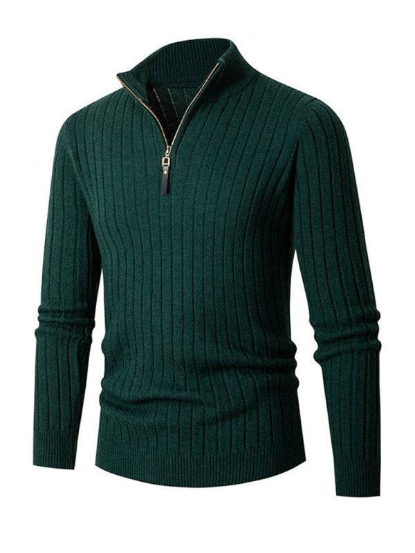 Men's casual solid color round neck stretch knitted sweater with high elasticity for autumn-winter.