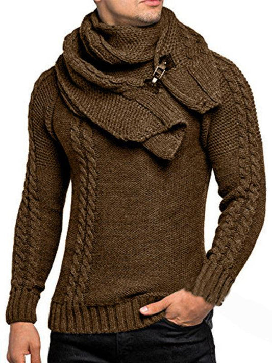 Men's fashionable scarf pullover with solid color twist knit design, autumn-winter sweater top.