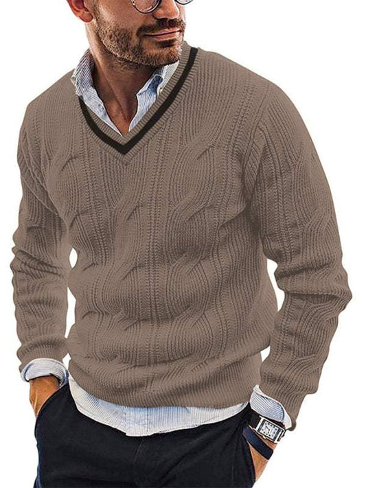 Men's V-neck slim fit long sleeve knit sweater in solid color for autumn-winter.