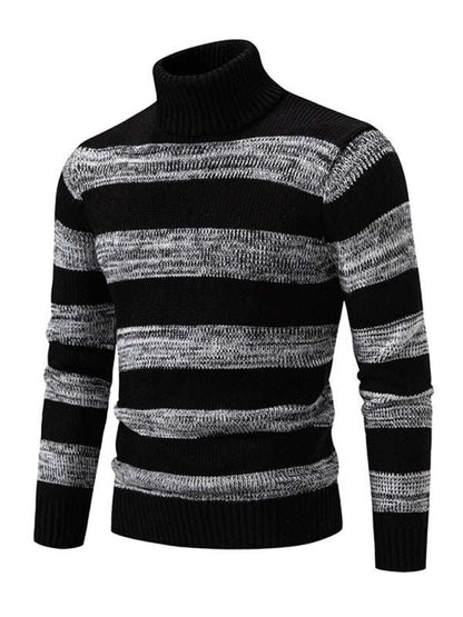 Chic Striped Patchwork Turtleneck Sweater for Men - Slim Fit Autumn Essential