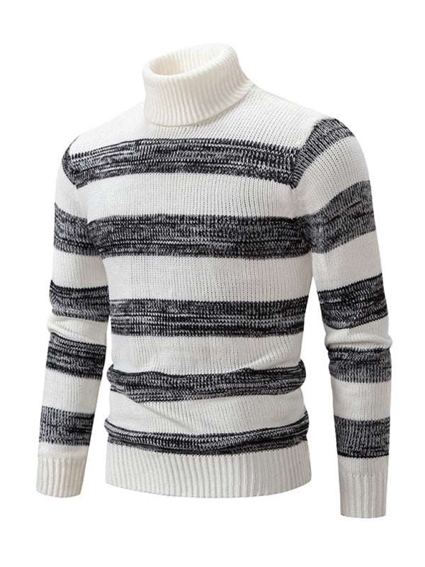 Men's striped patchwork turtleneck slim fit sweater base layer, knit, autumn-winter.