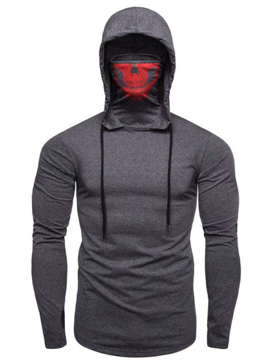 Men's skull print hooded pullover with mask, long sleeves, elastic knit, suitable for cycling and leisure.