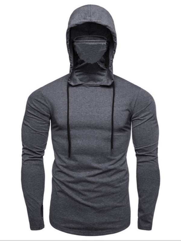 Men's gray hooded pullover sweatshirt with mask, long sleeves, solid color, polyester, autumn-winter.