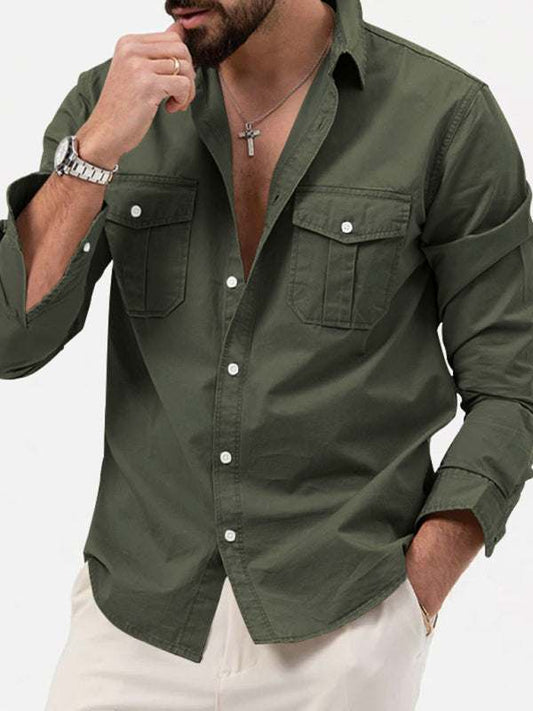 Men's multi-pocket long-sleeved casual shirt, solid pattern, polyester fabric, autumn-winter style.