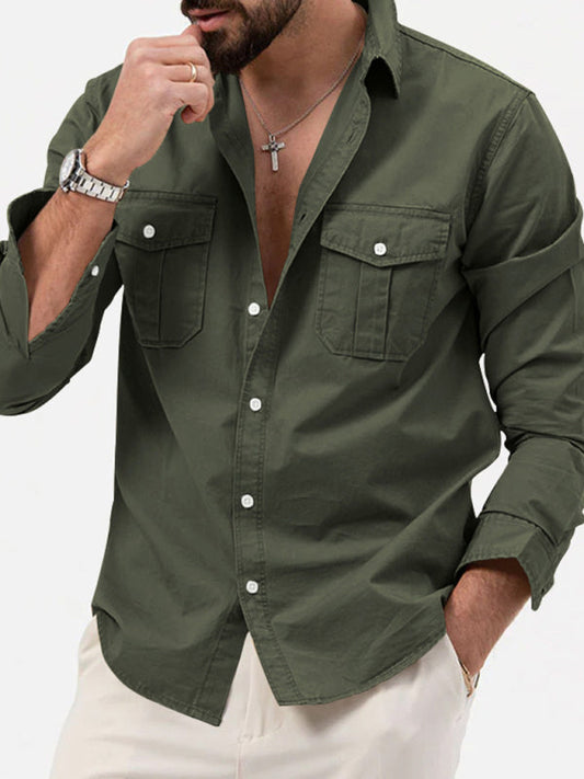 New Men's Classic Long-Sleeve Shirt with Multiple Pockets