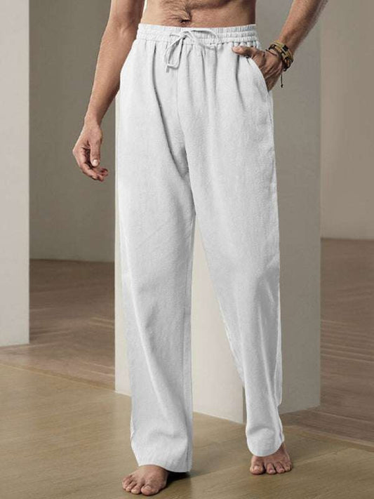 Men's breathable linen loose casual sports trousers in solid color.