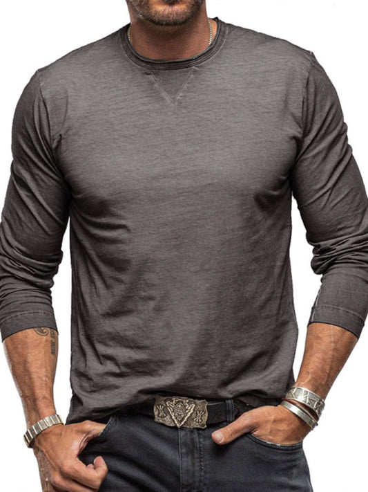 Solid Color Men's Cotton Long Sleeve T-Shirt with Round Neck