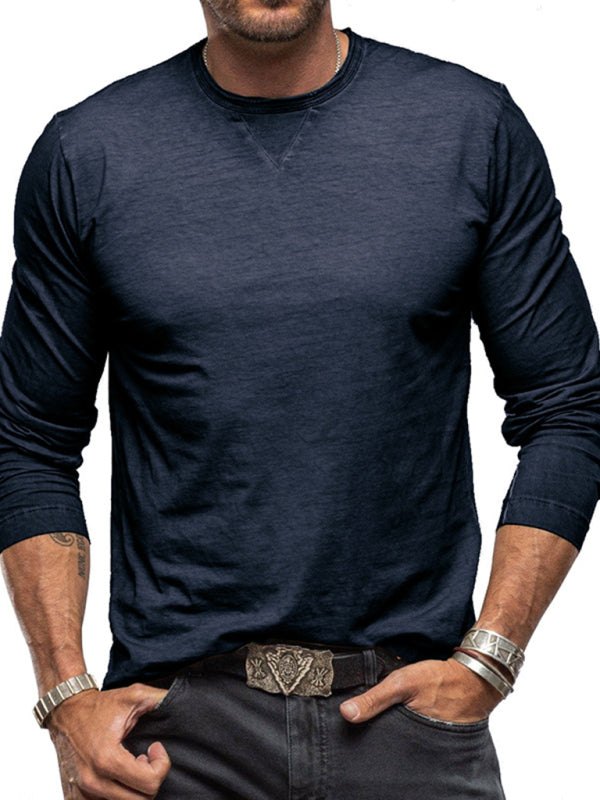 Solid Color Men's Cotton Long Sleeve T-Shirt with Round Neck