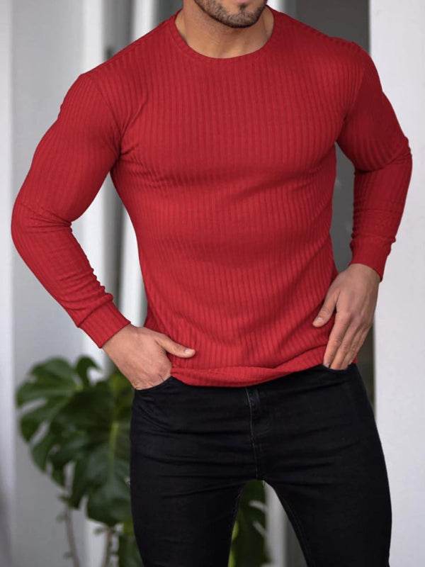 Men's red vertical stripe long-sleeved T-shirt with round neck, fitness casual style.