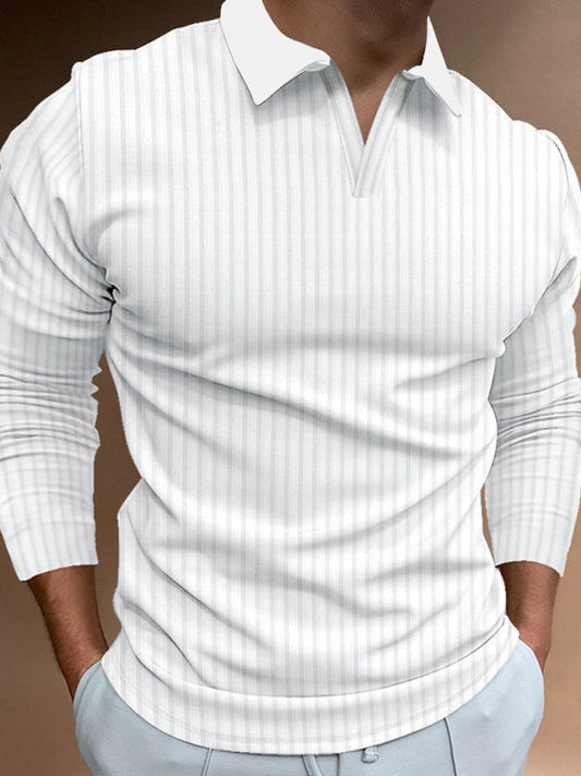 Sophisticated Striped V-neck Long-Sleeve Polo Shirt