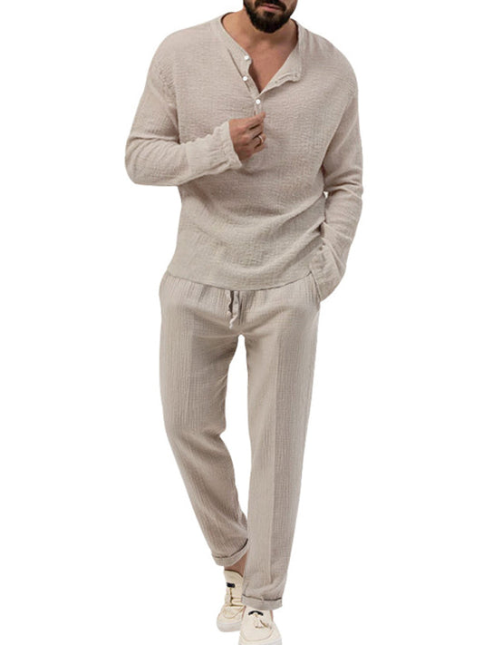 Solid Color Men's Casual Suit with Long-Sleeved Shirt and Trousers