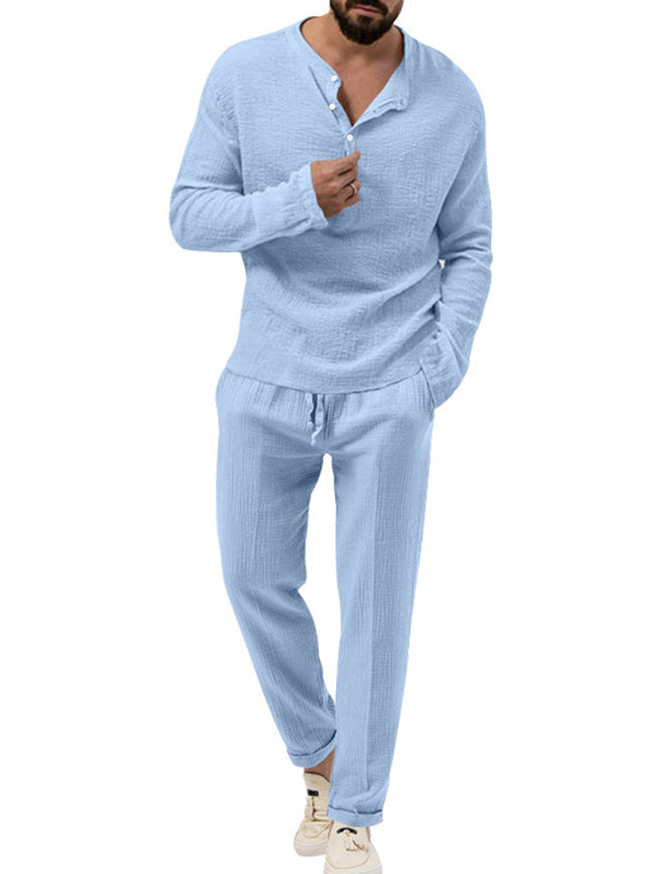 Solid Color Men's Casual Suit with Long-Sleeved Shirt and Trousers