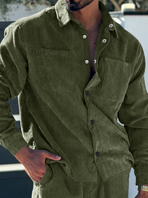 Men's Stylish Corduroy Button-Down Shirt with Multi-Pocket Design