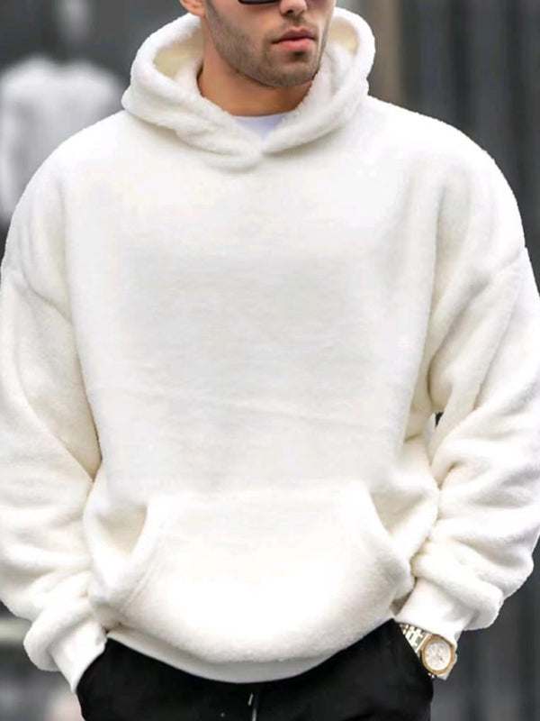 Men's fashionable casual pullover plush hooded sweatshirt in white, ideal for autumn-winter.