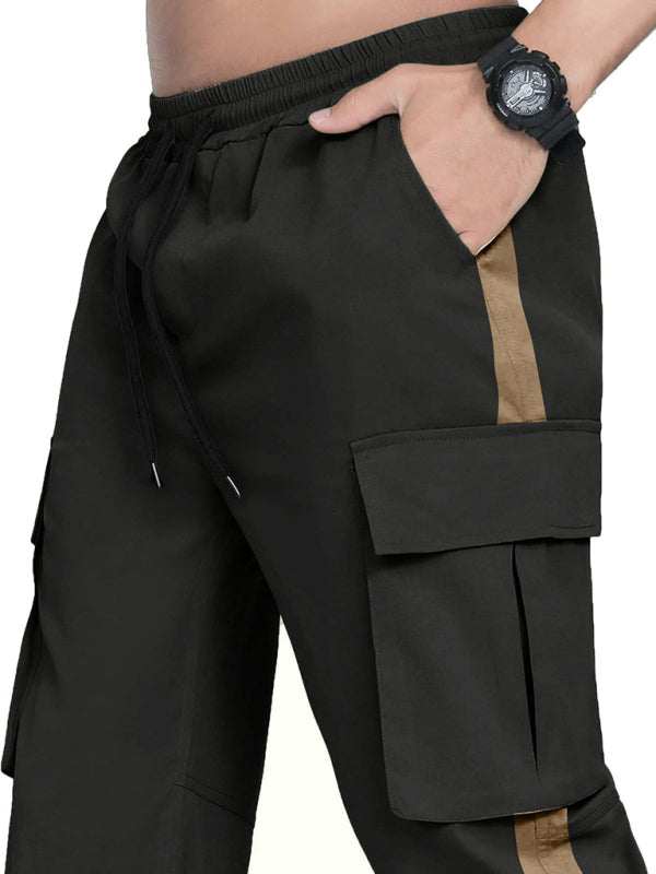 Stylish Men's Color-Blocked Casual Overalls with Drawstring and Pockets for Effortless Fashion