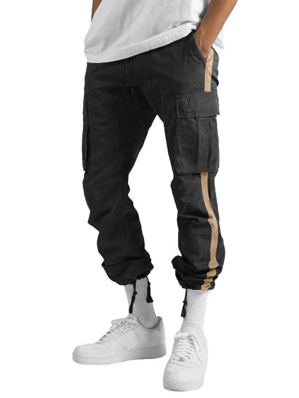 Men's color-blocked drawstring overalls with pockets, leisure style.