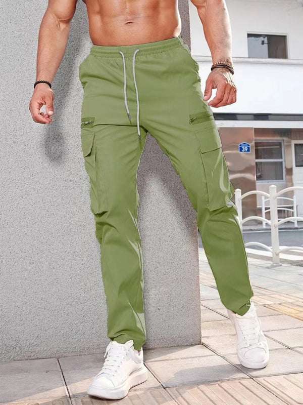 Men's green fashionable casual sports zipper decorative overalls, polyester, solid pattern, no back pocket.