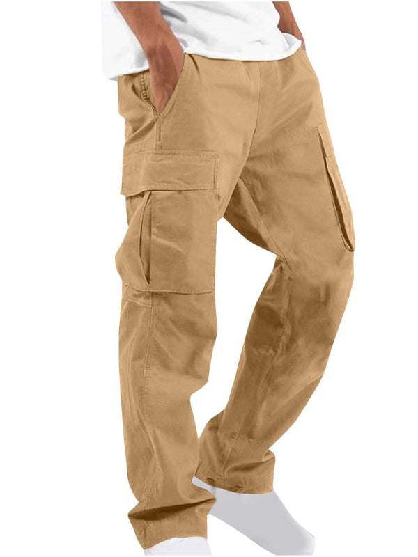 Men's loose school bag workwear casual trousers, cotton, solid pattern, flap pocket design.